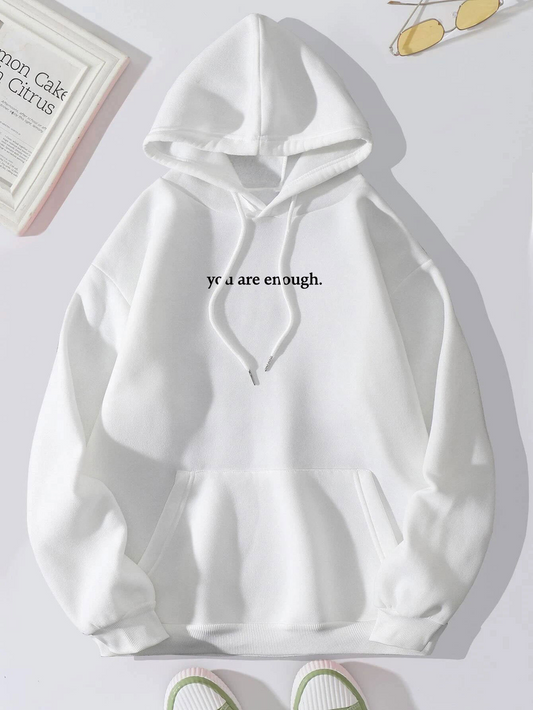 Women's Fashion Plush Letter Printed Kangaroo Pocket Drawstring Hoodie with Encouraging Message