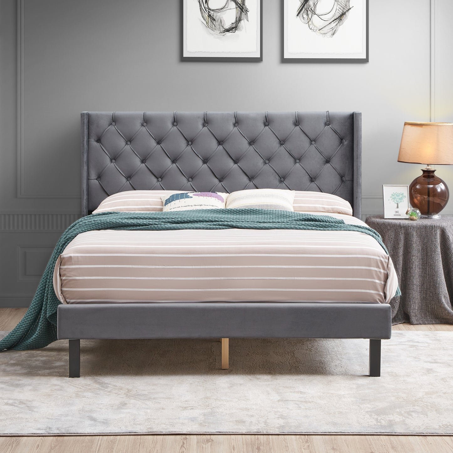 Upholstered Bed Strong Wood Slat Support Dark Gray Velvet Queen Platform Bed