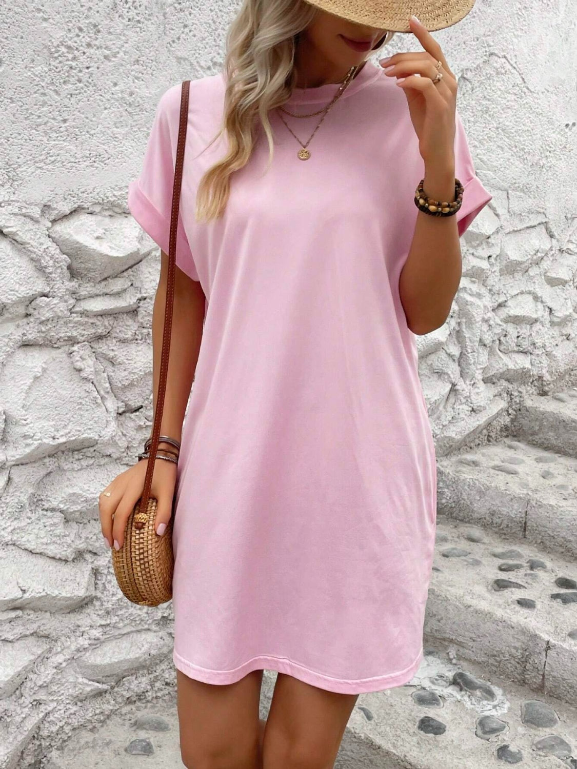 Round Neck Short Sleeve Mini Dress - Available in 8 Colors