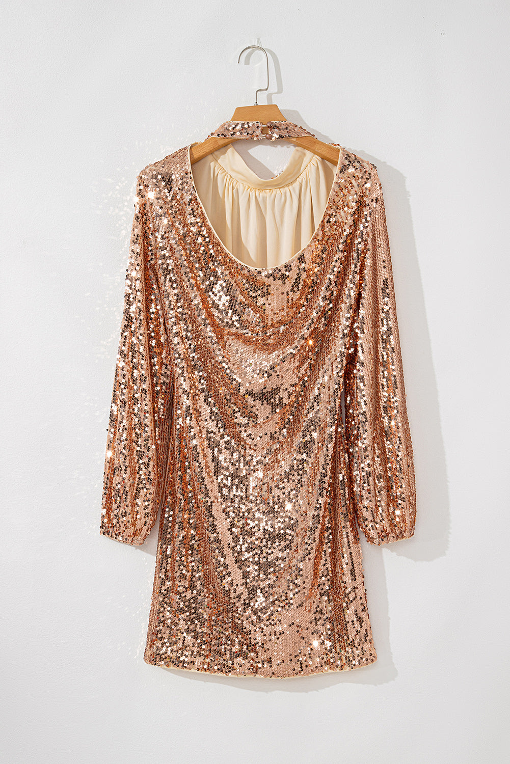 Backless Rose Gold Sequin Mini Dress – Mock Neck Long Sleeve Party Look