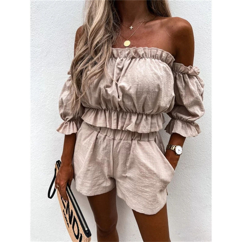 Women's Summer Style One-Shoulder Wrapped Chest Short Top and Shorts Two-Piece Set