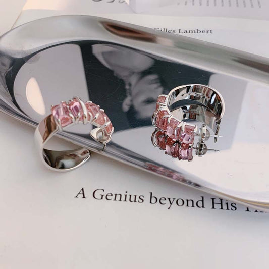 Peach Blossom Earrings Transparent Crystal Gemstone Ring Trend Stud Earrings Niche Design