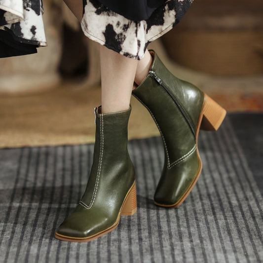 Lambskin Square Toe Retro Chunky Heel Ankle Boots Women's High Heels