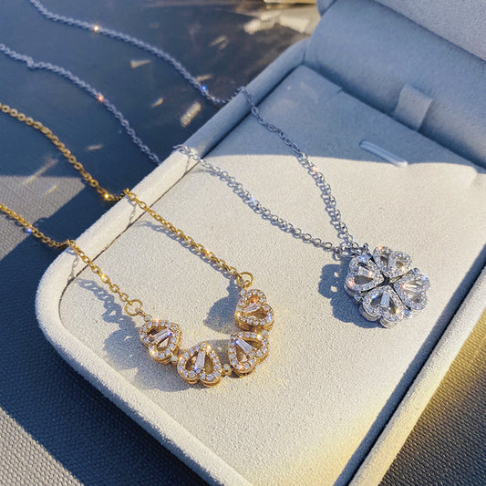 Retro Magnetic Folding Heart-Shaped Four-Leaf Clover Necklace - 4-in-1 Versatile Design
