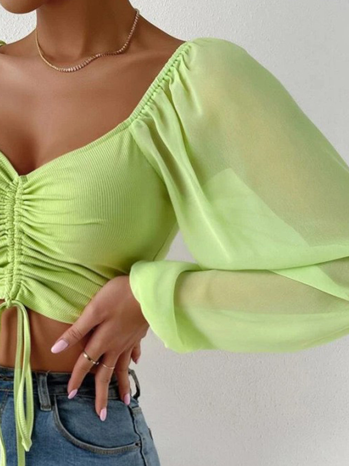 Women’s Drawstring Sweetheart Neck Cropped Top – Long Sleeve Ruched Front Blouse