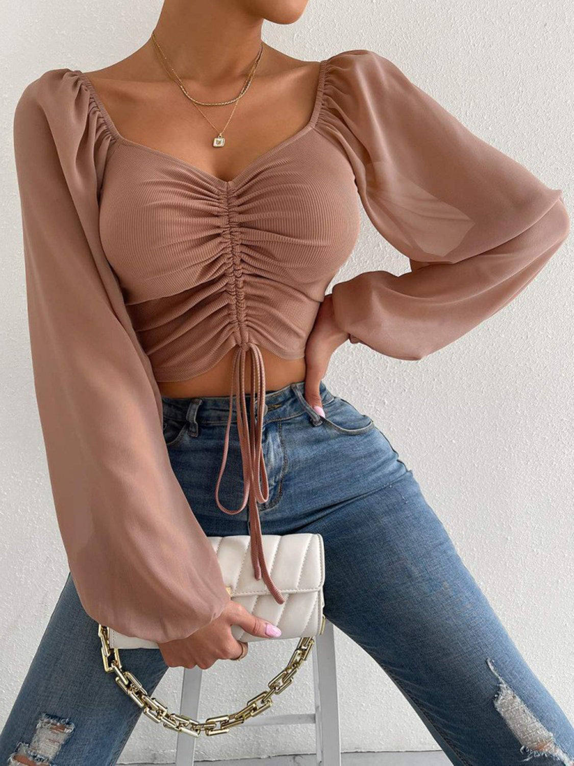 Women’s Drawstring Sweetheart Neck Cropped Top – Long Sleeve Ruched Front Blouse
