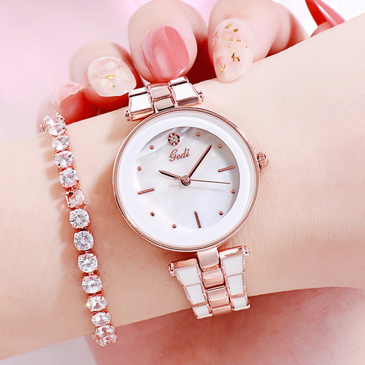 Ladies Trendy White Quartz Watch with Stainless Steel Strap - Fashionably Chic Timepiece!