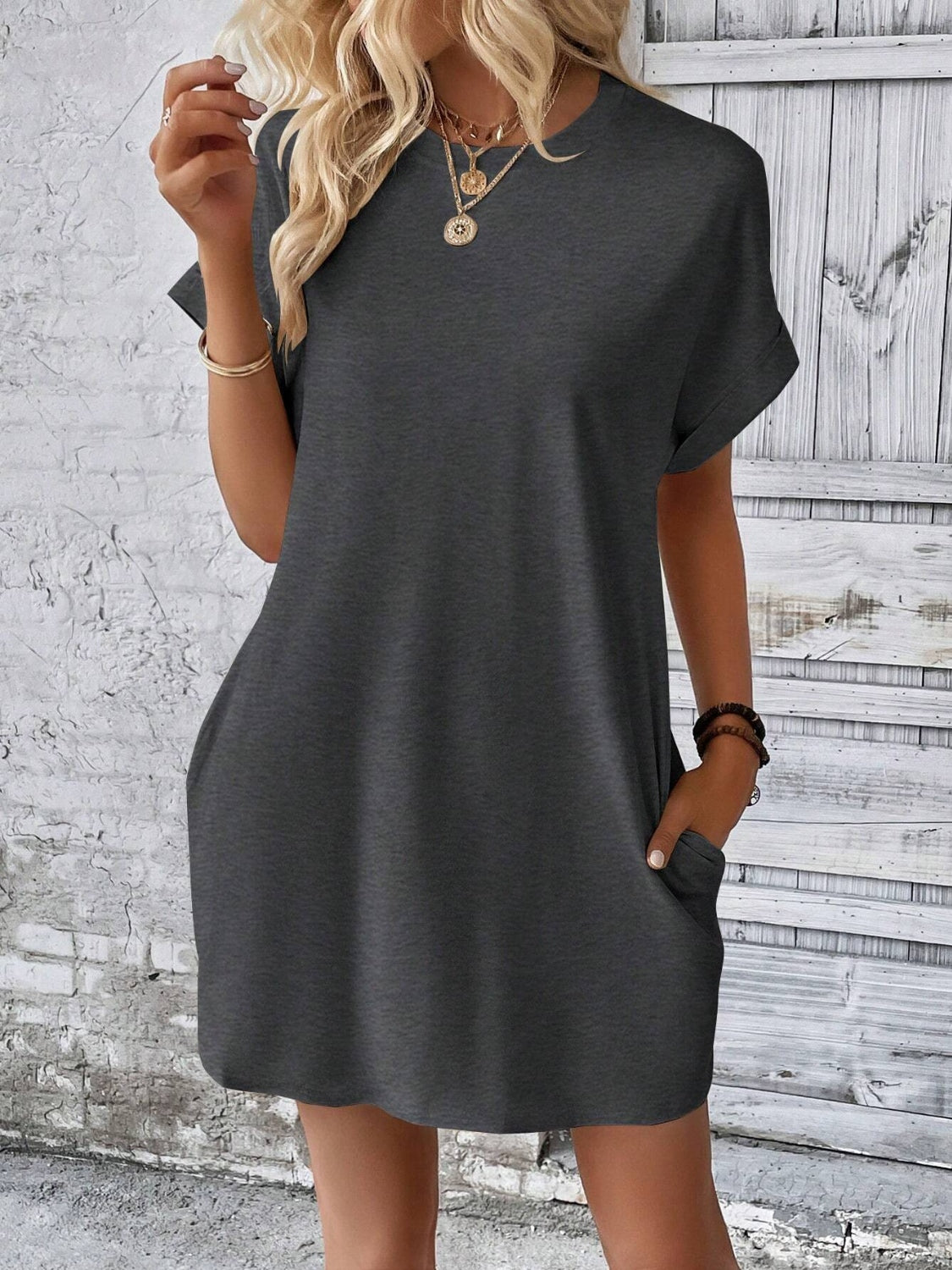Round Neck Short Sleeve Mini Dress - Available in 8 Colors