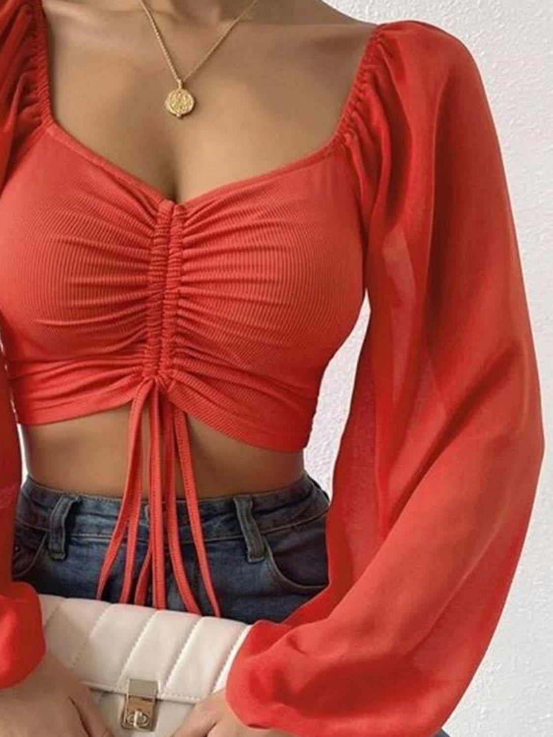 Women’s Drawstring Sweetheart Neck Cropped Top – Long Sleeve Ruched Front Blouse