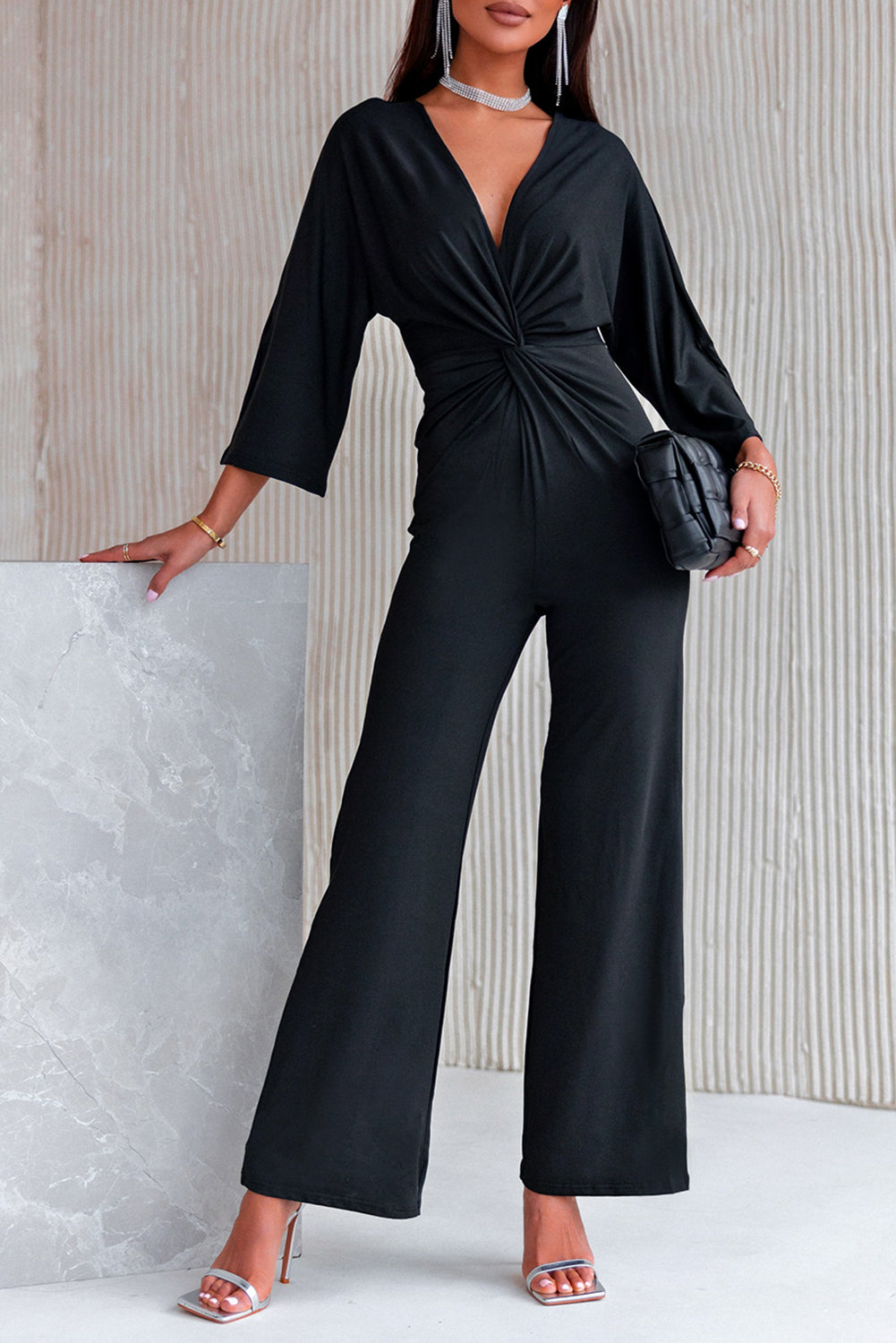 Twisted Plunge Three-Quarter Sleeve Jumpsuit