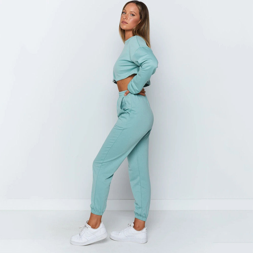 Women’s Sports and Leisure Suit - Long Sleeve Fleece Top & Joggers with Drawstring | Cotton Blend | Plain Pattern