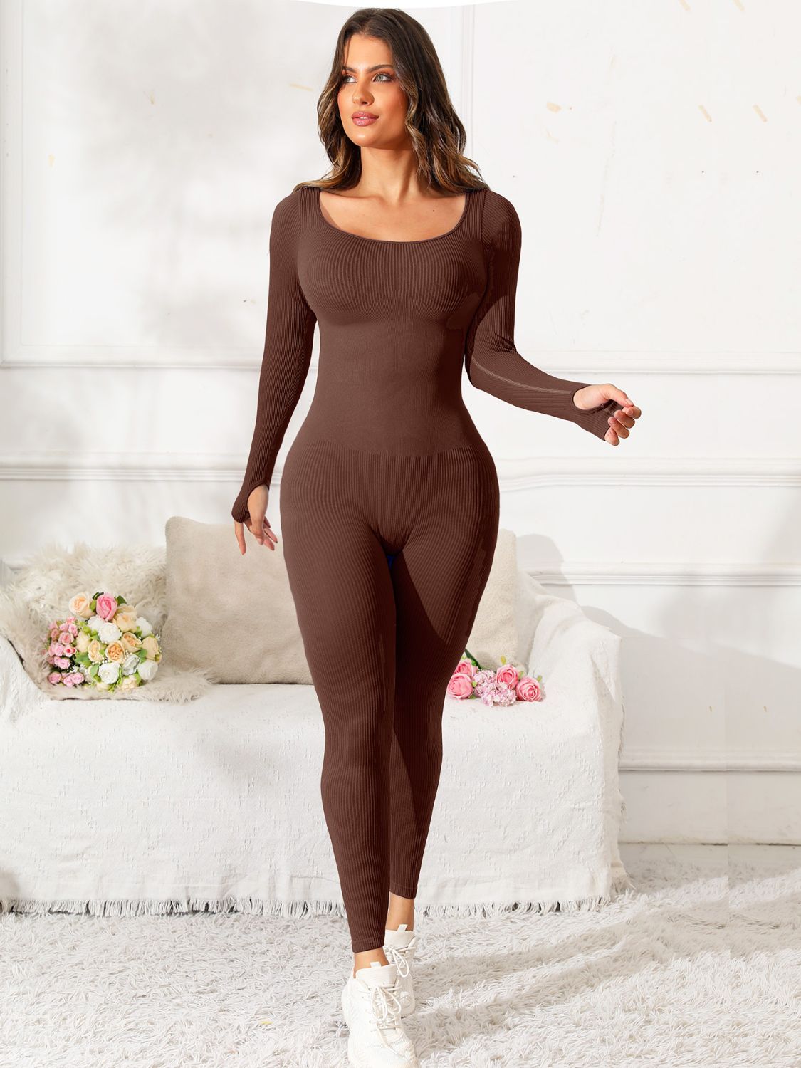 Women’s Scoop Neck Long Sleeve Workout Jumpsuit - Activewear for Yoga, Gym & Everyday Style