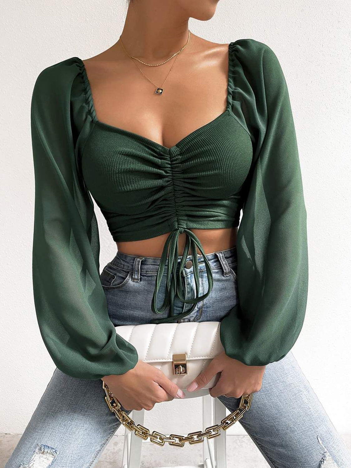 Women’s Drawstring Sweetheart Neck Cropped Top – Long Sleeve Ruched Front Blouse