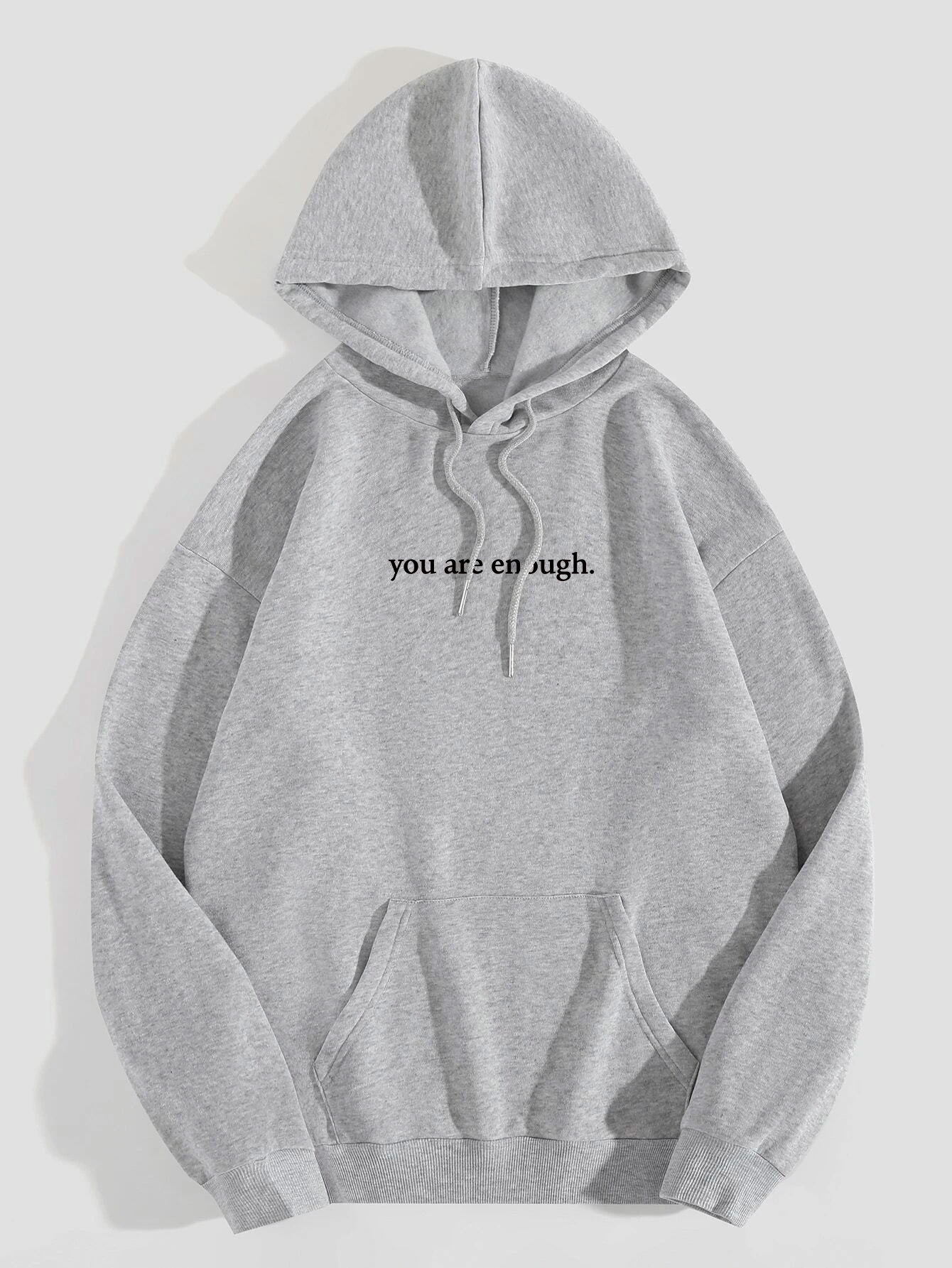 Women's Fashion Plush Letter Printed Kangaroo Pocket Drawstring Hoodie with Encouraging Message