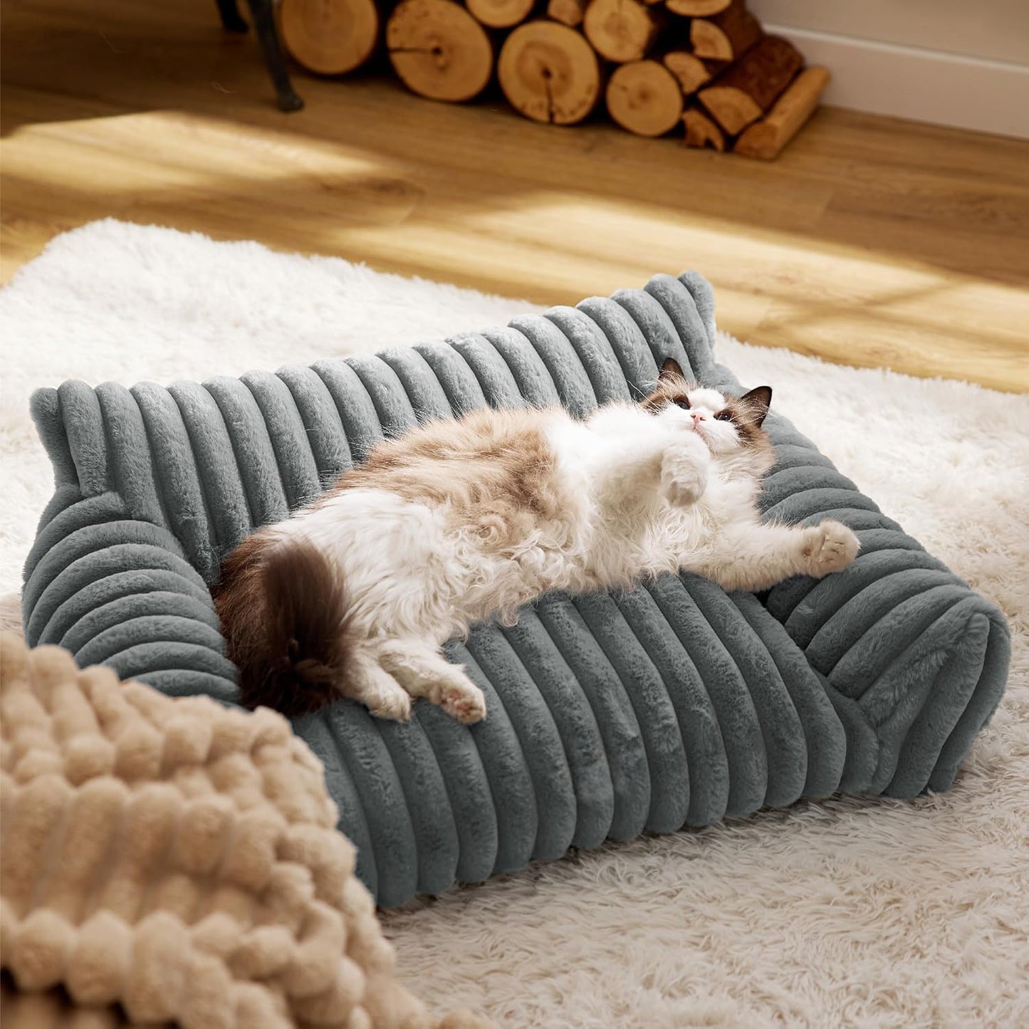 Bedsure Cute Cat Couch For Pets - Fluffy Cat Sofa With Premium Soft Corduroy Fleece Fuzzy Cat Couch Bed With Cover Supportive Cat Chair For Indoor Cats