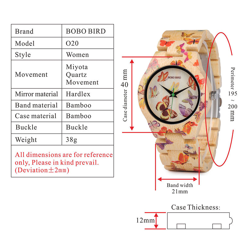 BOBO BIRD O20 Women’s Bamboo Watch – Butterfly Print Dial, Lightweight Quartz Wristwatch with Gift Box
