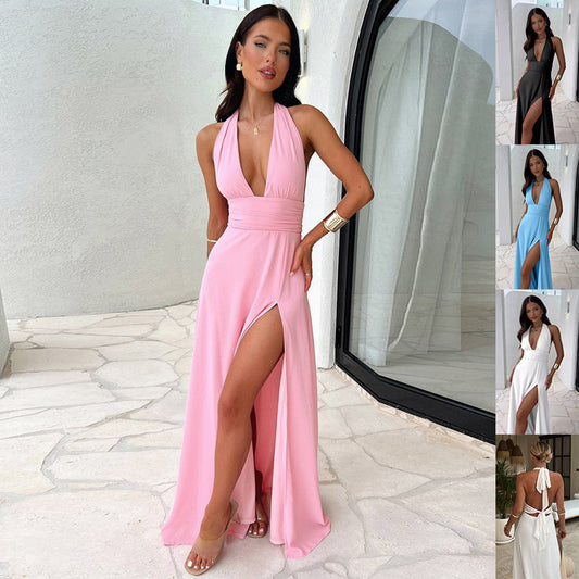 Sexy Halterneck V-Neck Slit Dress – Backless Strappy Summer Dress for Women | Elegant & Flattering Party Look