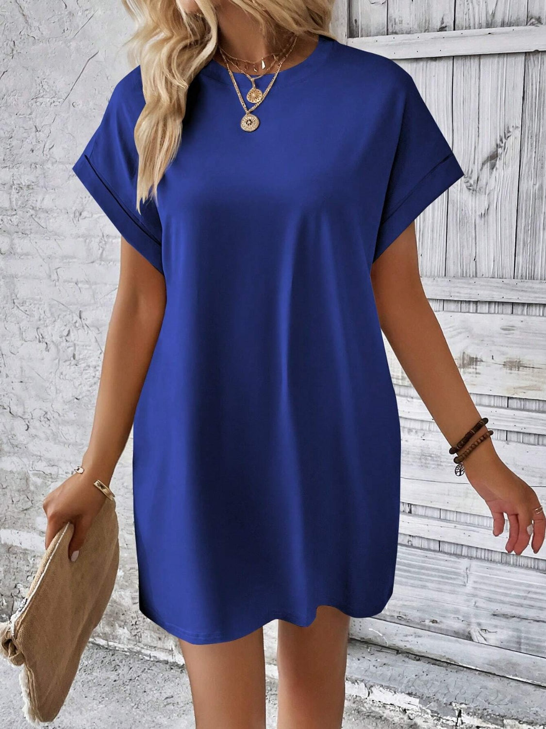 Round Neck Short Sleeve Mini Dress - Available in 8 Colors