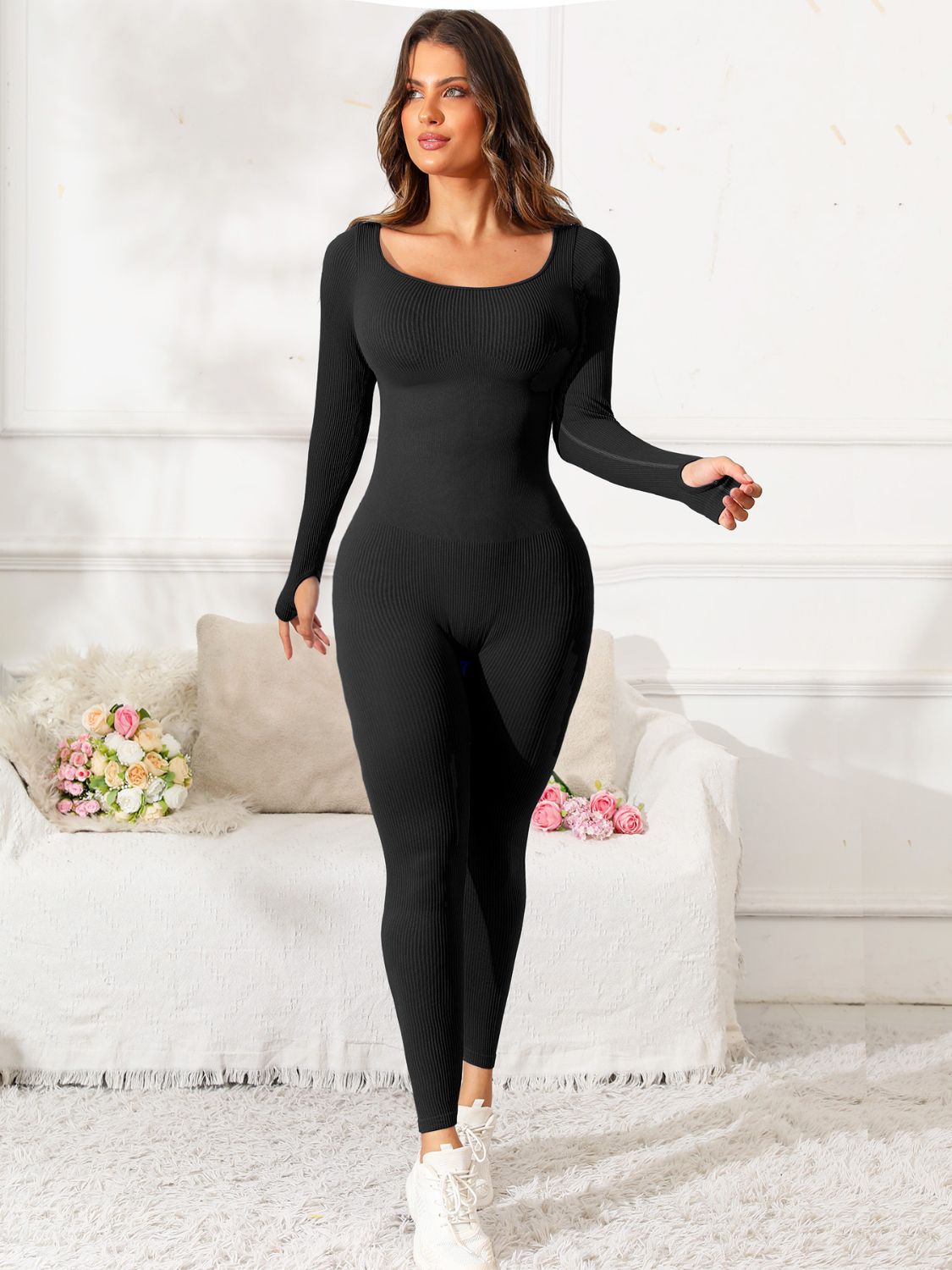 Women’s Scoop Neck Long Sleeve Workout Jumpsuit - Activewear for Yoga, Gym & Everyday Style