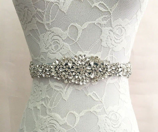 Luxury Crystal Rhinestone Belt with White Satin Ribbon – Statement Waist Accessory for Dresses & Formalwear
