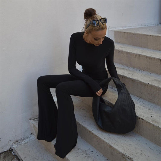 Round Neck Long Sleeve Back Pull Up Jumpsuit