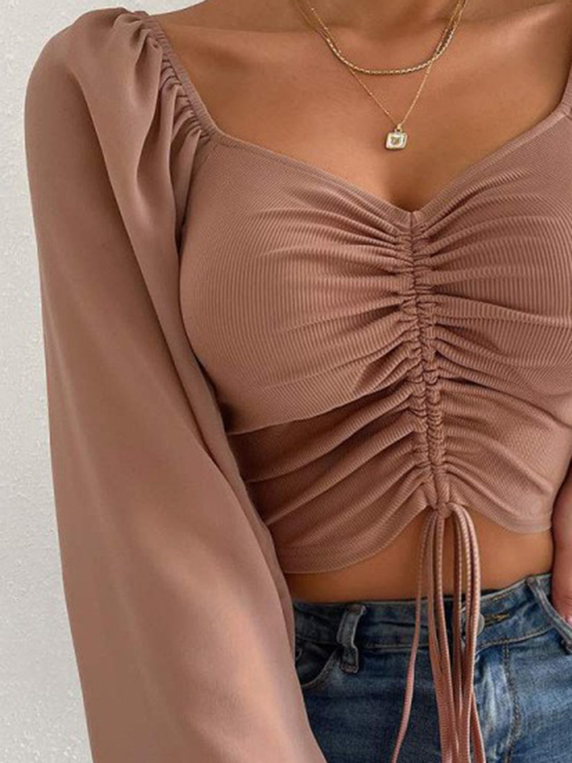 Women’s Drawstring Sweetheart Neck Cropped Top – Long Sleeve Ruched Front Blouse