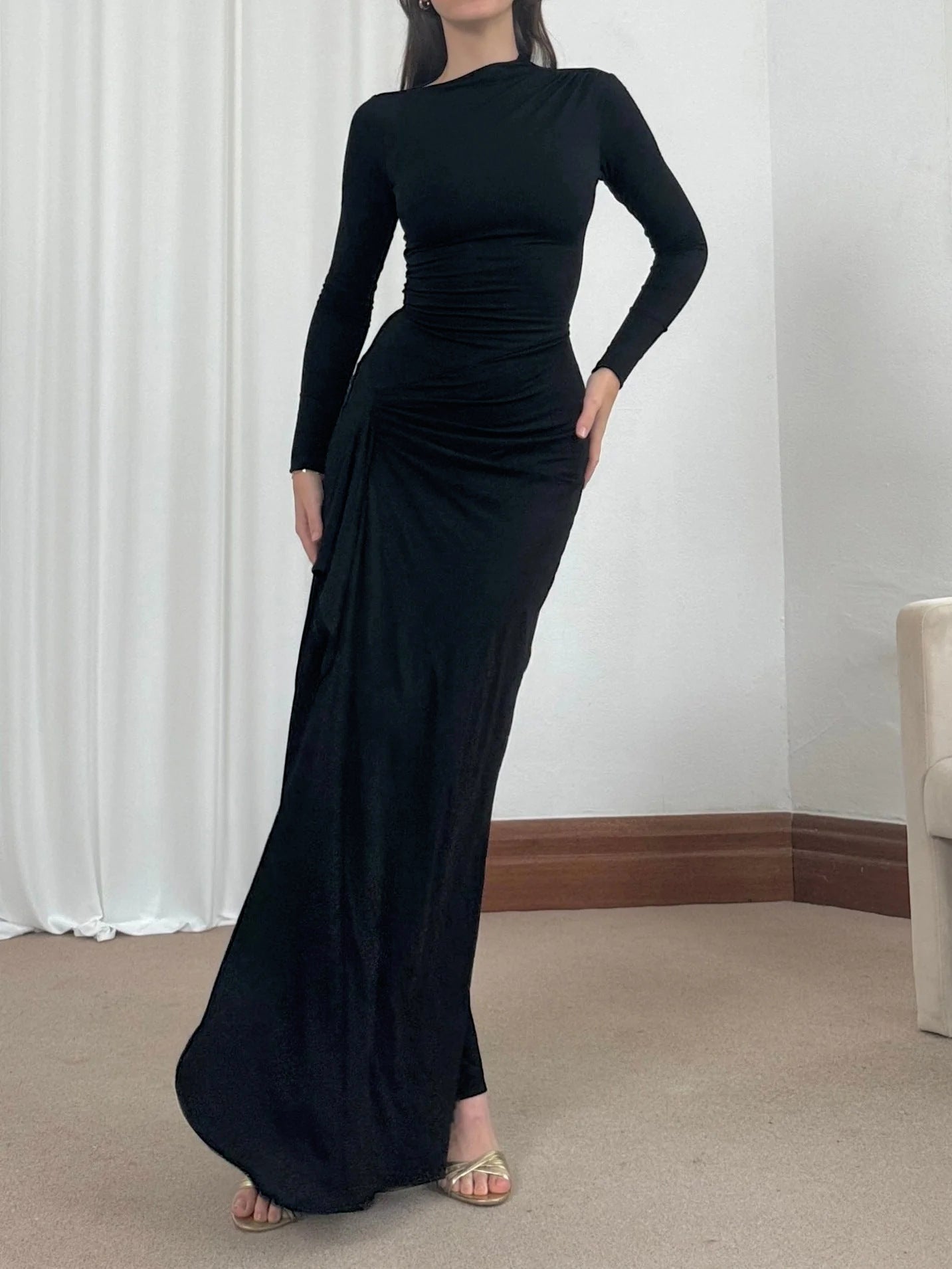 Elegant Asymmetric Split Maxi Dress – Slim Fit, Long Sleeve, Trendy Solid Color Gown for Women