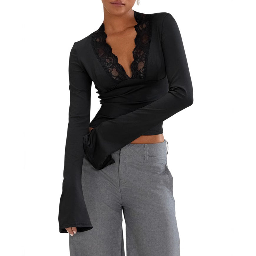 Elegant Slim-Fit V-Neck Lace T-Shirt – Long-Sleeve Trumpet Sleeve Top for Women