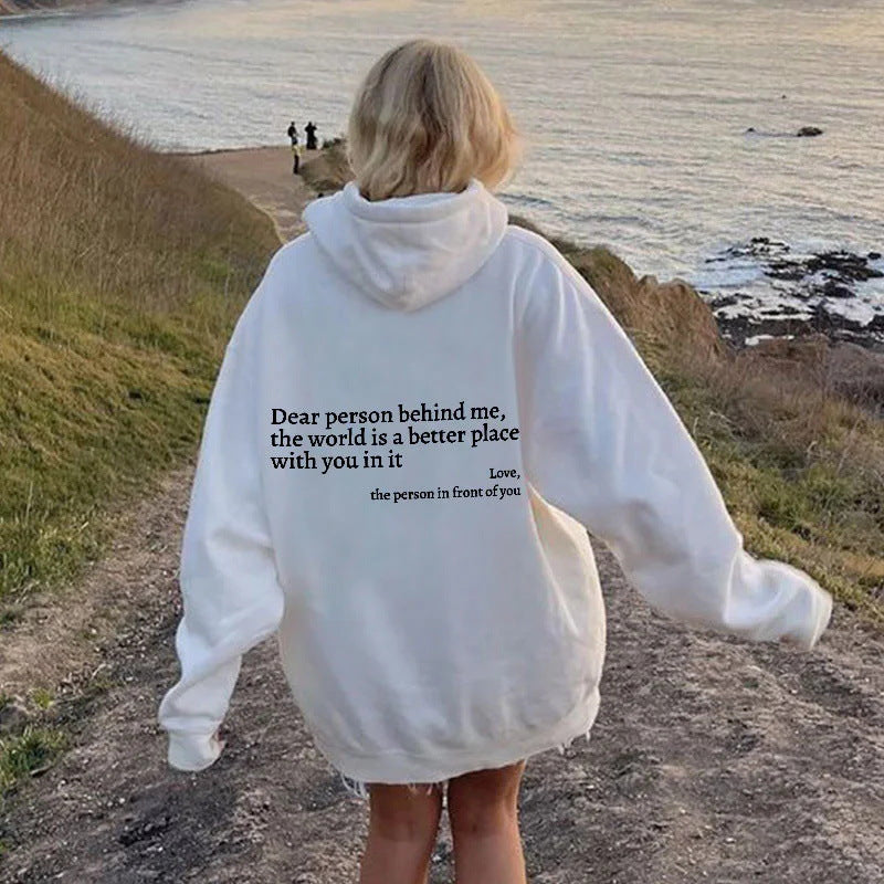 Women's Fashion Plush Letter Printed Kangaroo Pocket Drawstring Hoodie with Encouraging Message