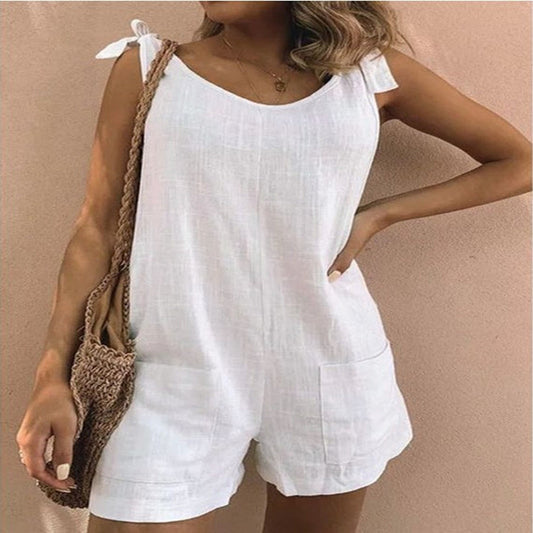 Women’s Summer Street Style Cotton Linen Jumpsuit with Pockets Fashion One Piece