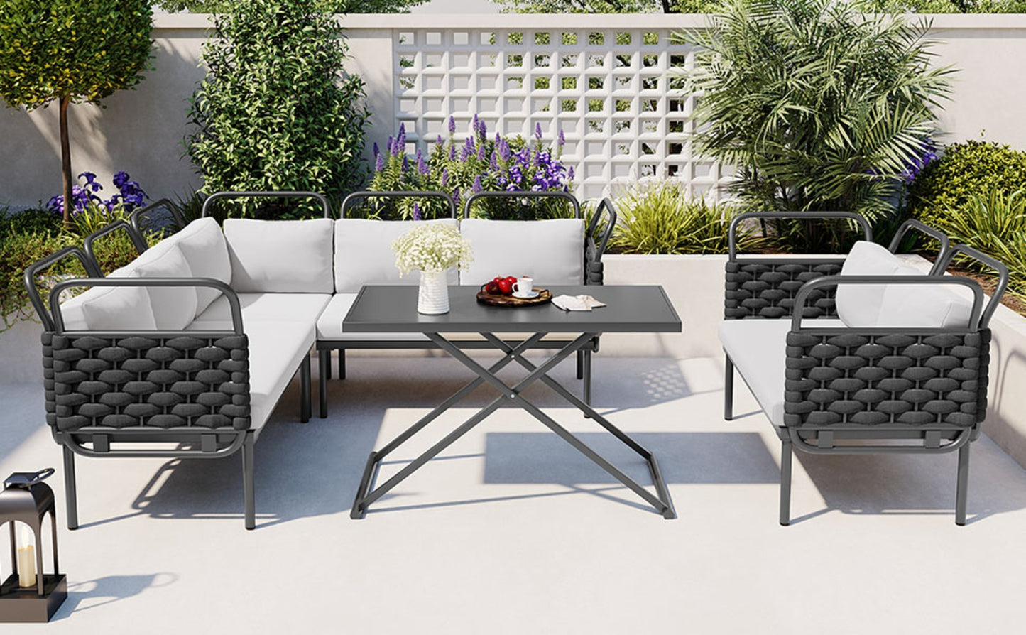 TOPMAX 5  Piece Modern Patio Sectional Sofa Set Outdoor Woven Rope Furniture Set With Glass Table And