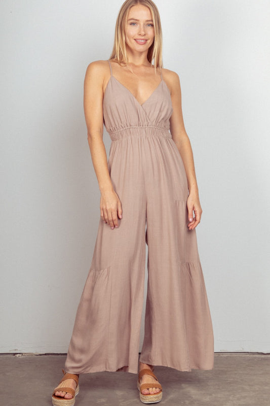 VERY J Sleeveless Ruched Wide Leg Jumpsuit