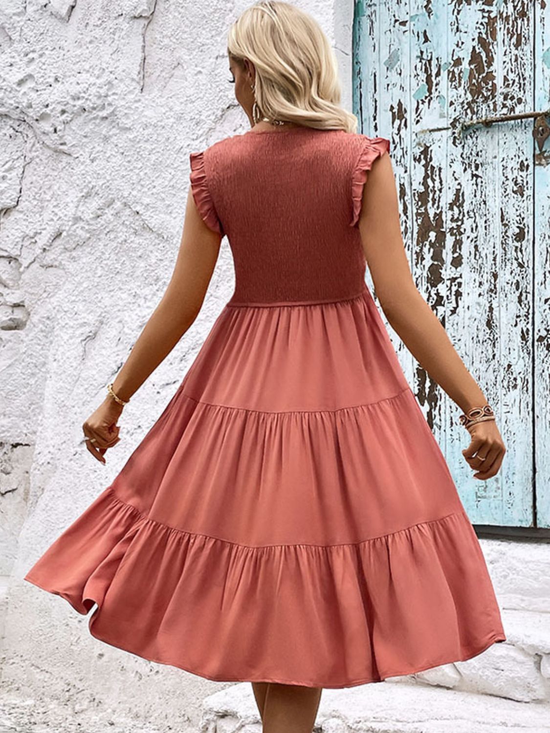 Smocked Tiered Midi Dress with Round Neck – Perfee Collection