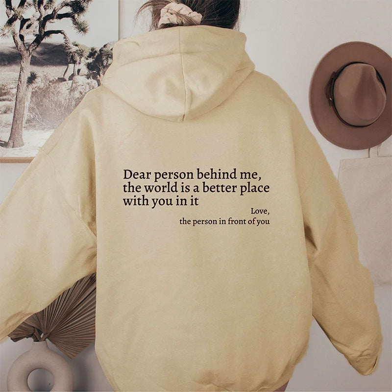 Women's Fashion Plush Letter Printed Kangaroo Pocket Drawstring Hoodie with Encouraging Message