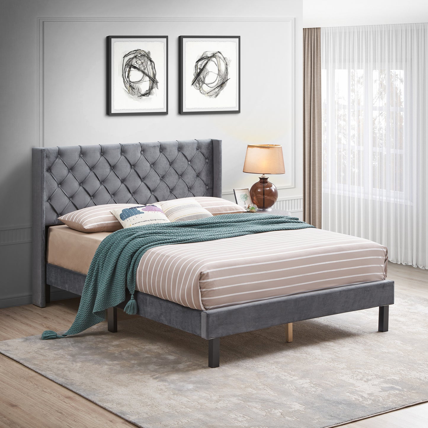 Upholstered Bed Strong Wood Slat Support Dark Gray Velvet Queen Platform Bed