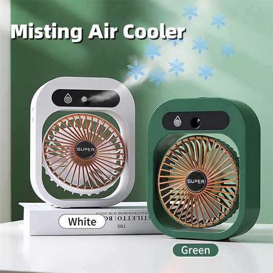Portable Misting Fan & Air Cooler – USB Rechargeable with 3 Speeds & Cooling Mist (White or Green)