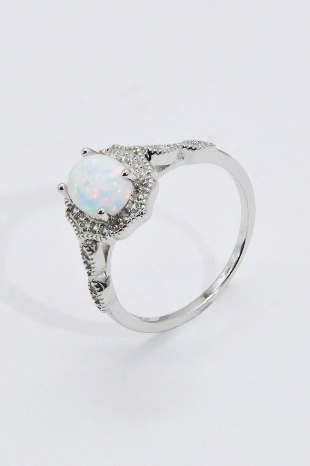 925 Sterling Silver Opal Engagement Ring – Platinum-Plated Oval Cut with Halo Accent Stones