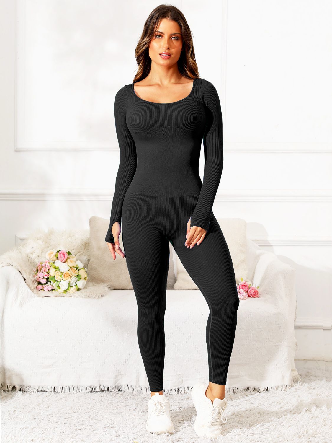 Women’s Scoop Neck Long Sleeve Workout Jumpsuit - Activewear for Yoga, Gym & Everyday Style