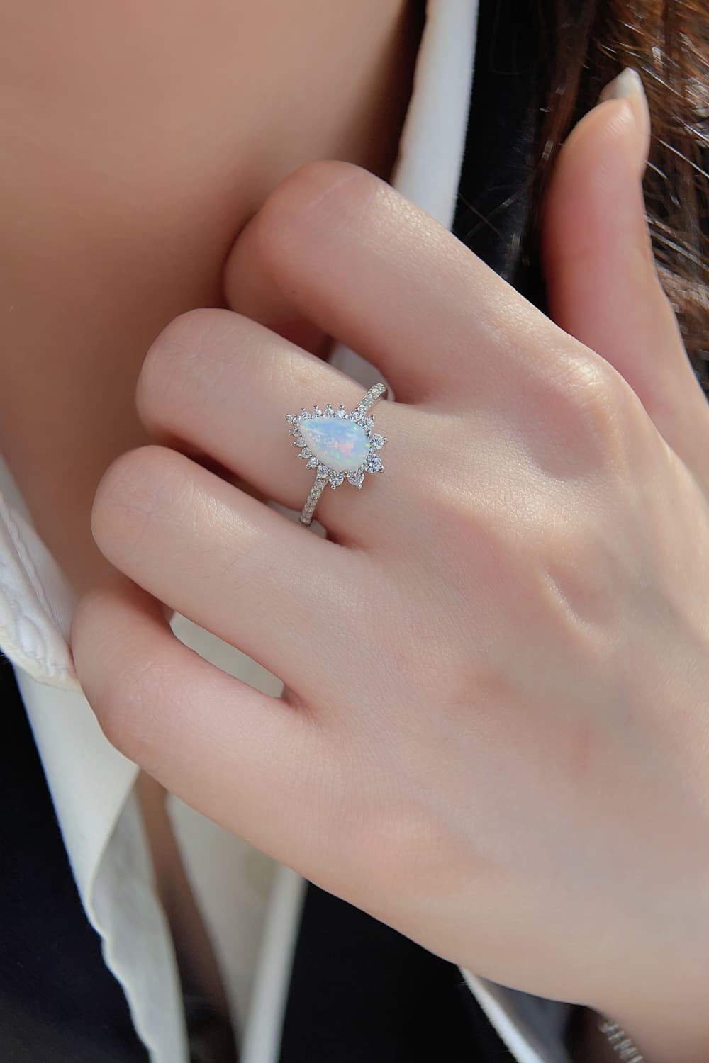 Pear Cut Opal Ring – Platinum-Plated 925 Sterling Silver with Zircon Accents