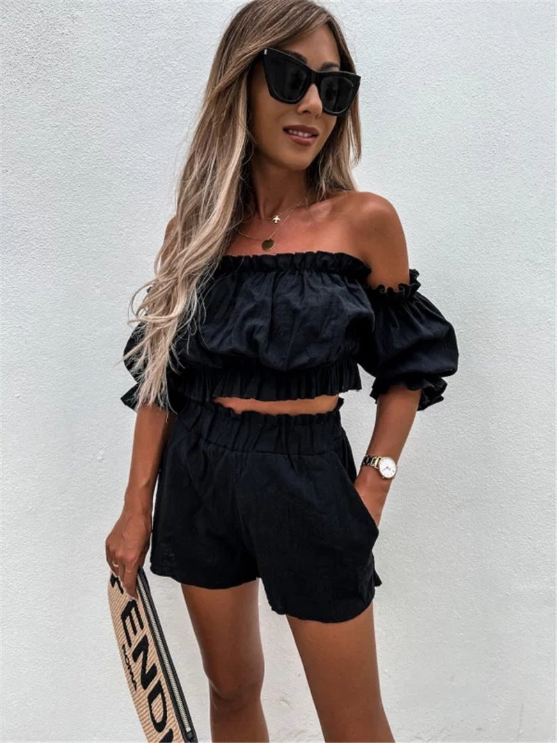 Women's Summer Style One-Shoulder Wrapped Chest Short Top and Shorts Two-Piece Set