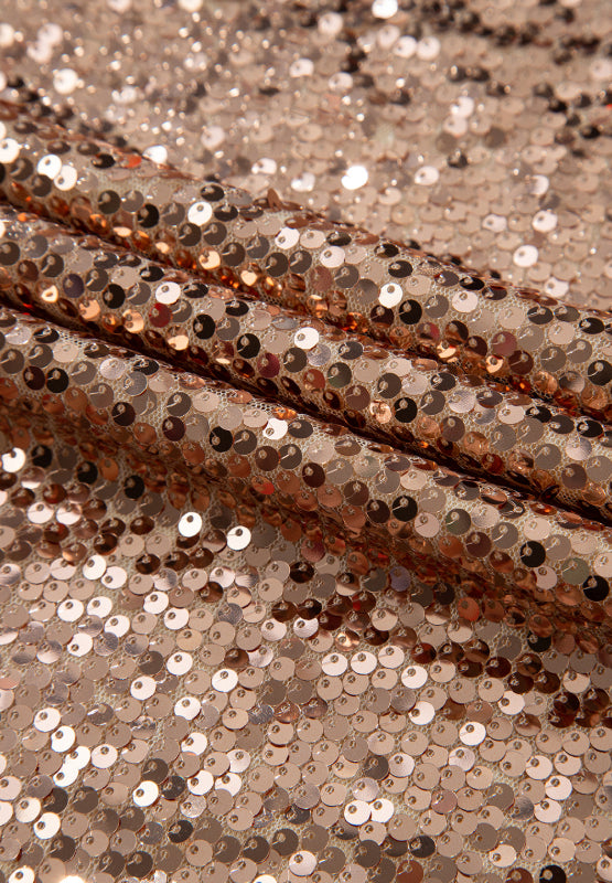 Backless Rose Gold Sequin Mini Dress – Mock Neck Long Sleeve Party Look