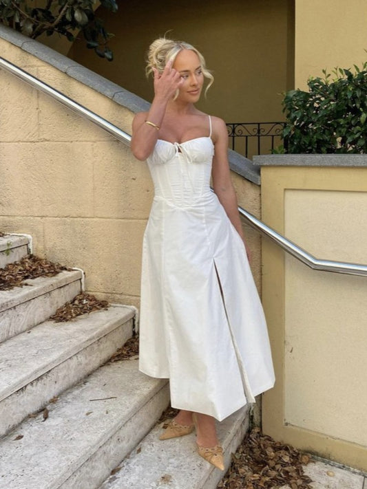 White Corset Midi Dress with Slit – Slim Fit Spaghetti Strap A-Line Style