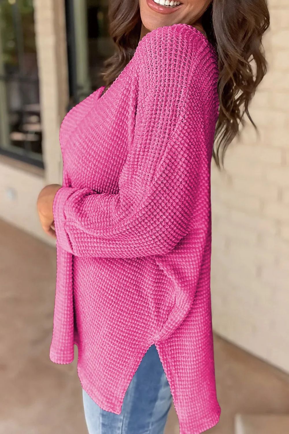 Waffle-Knit Slit V-Neck Long Sleeve Blouse