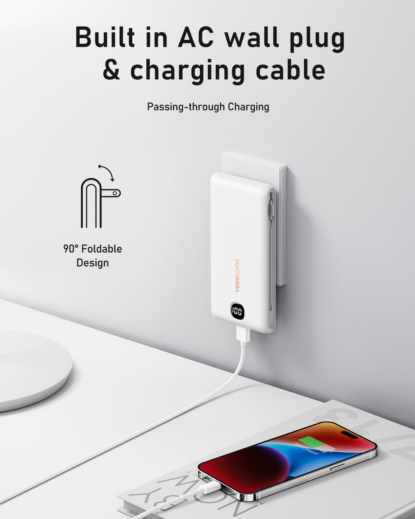 Power Bank with Built in Cables 10000mAh, Portable Charger for  with Built In AC Wall Plug, Fast Charging USB C Slim Charger with LED Display