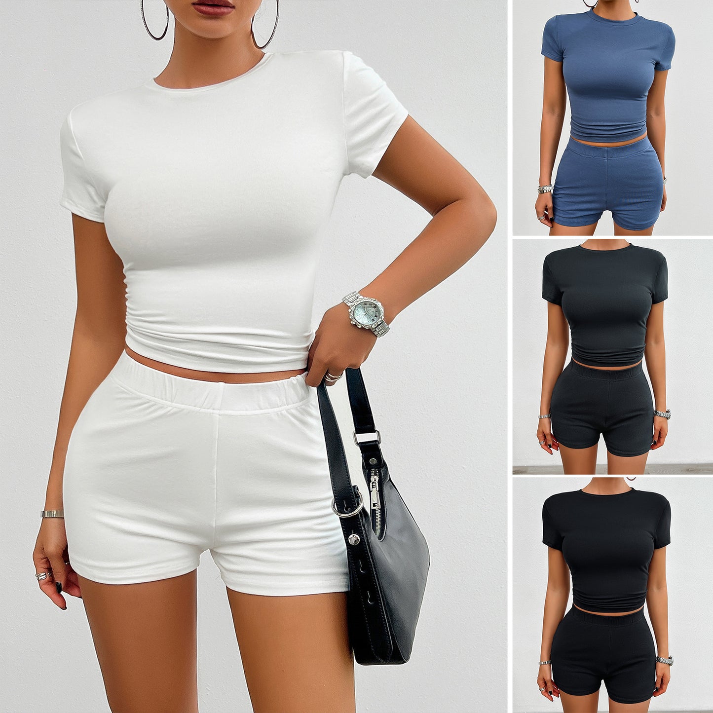 Women’s Solid Color Slim Sports Set – 2-Piece Summer Outfit with Short-Sleeve Round Neck T-Shirt & Elastic Shorts
