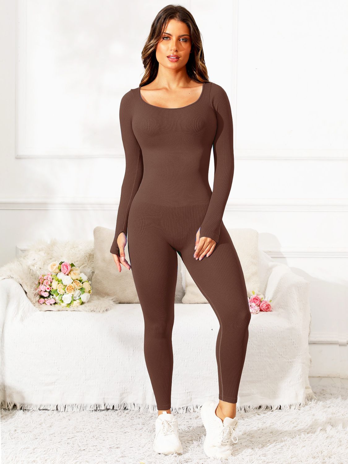 Women’s Scoop Neck Long Sleeve Workout Jumpsuit - Activewear for Yoga, Gym & Everyday Style