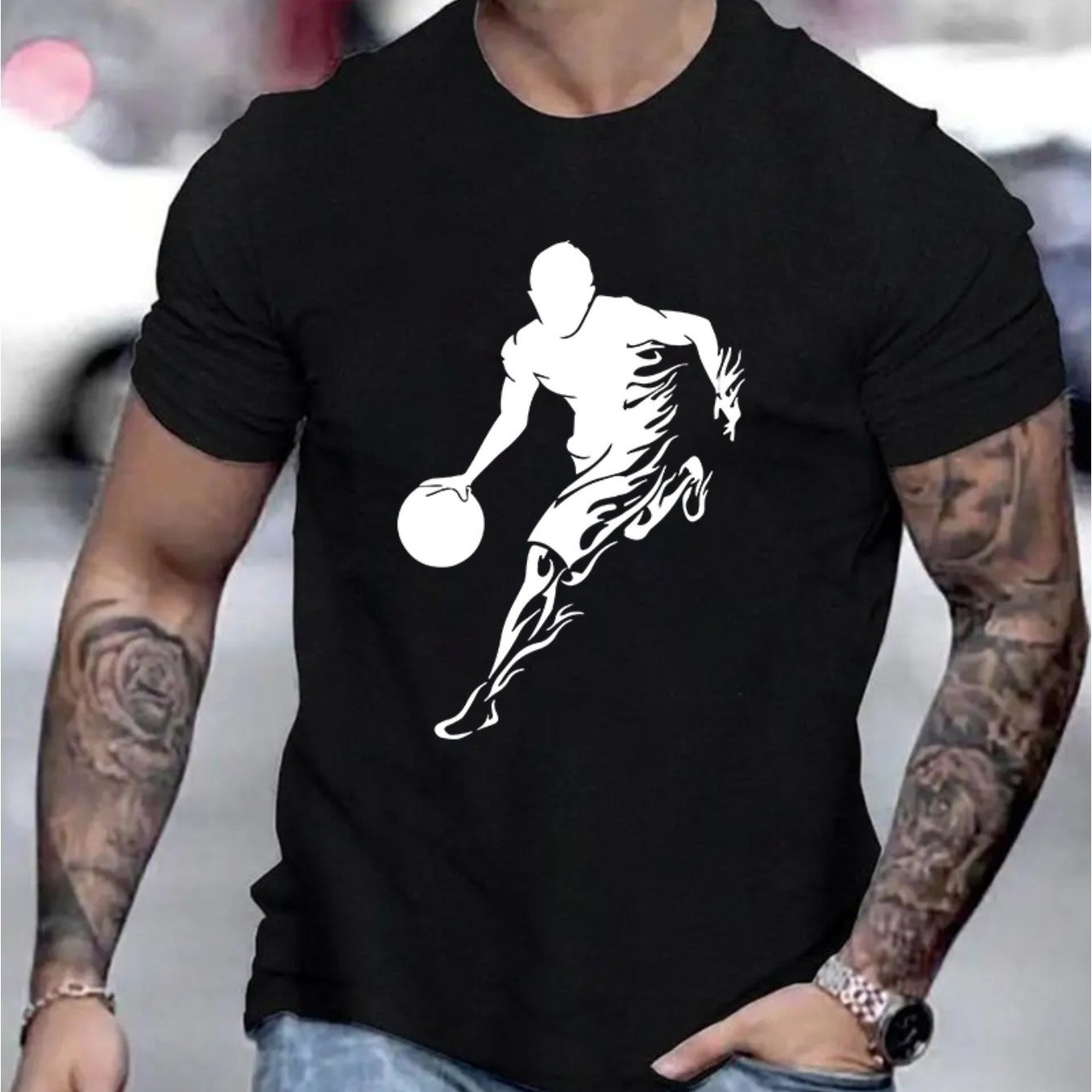 Basketball Player Pattern Printed Men's Creative Top, Casual Short Sleeved Round Neck T-shirt, Summer Outdoor Men's Clothing