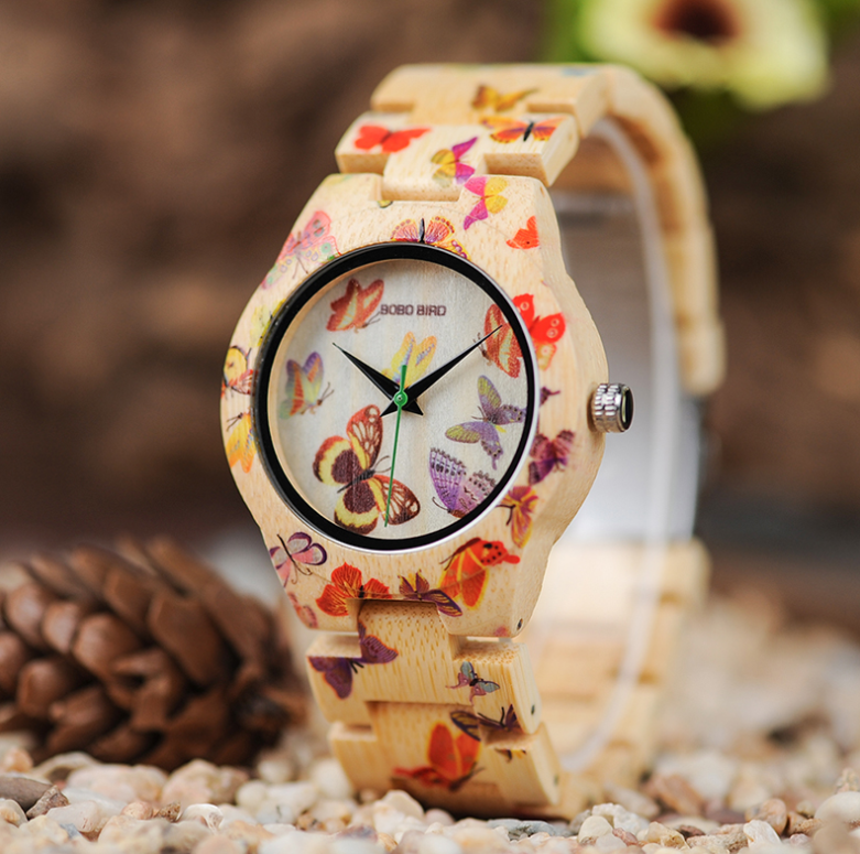 BOBO BIRD O20 Women’s Bamboo Watch – Butterfly Print Dial, Lightweight Quartz Wristwatch with Gift Box