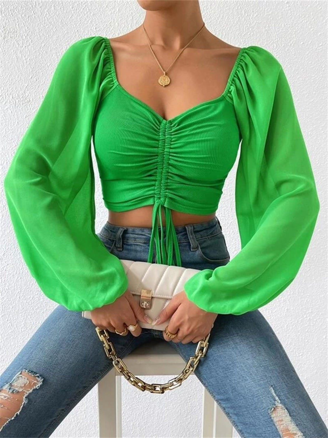 Women’s Drawstring Sweetheart Neck Cropped Top – Long Sleeve Ruched Front Blouse