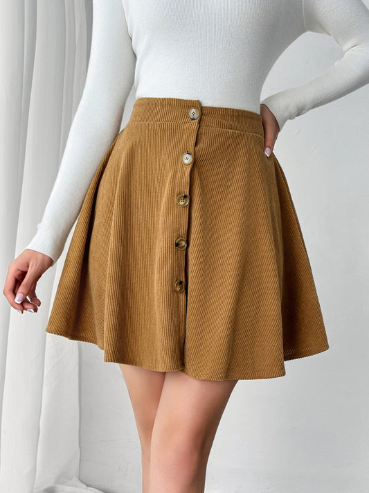 Corduroy Button-Front A-Line Mini Skirt – Camel Brown